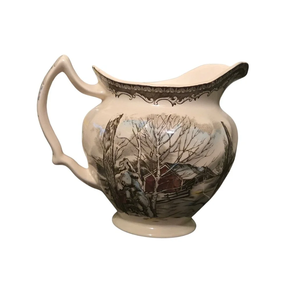 Johnson Brothers Friendly Village Pitcher England Winter Scene Red Barn Vintage